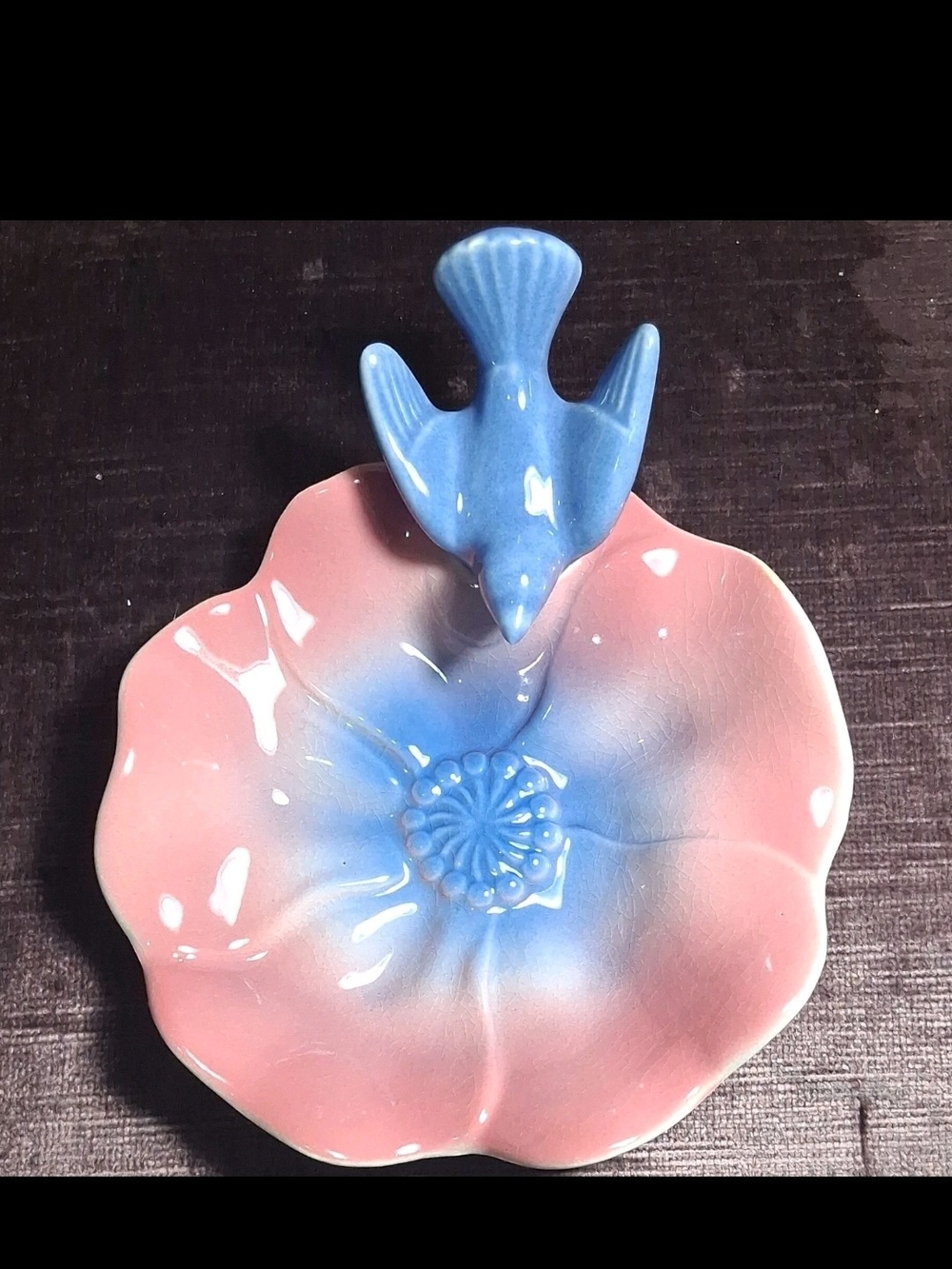 Blue and Pink Ceramic Bird Flower Dish - Decorative Home Art